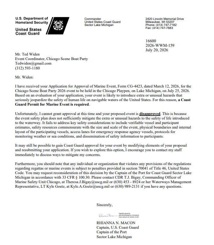 Chicago Scene Boat Party Coast Guard Letter